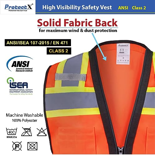 ProtectX High Visibility ANSI Class 2 Safety Vest with 6 Pockets - color: Neon Orange - Solid Fabric, size: Small
