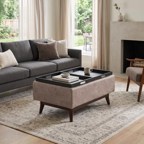 SIMPLIHOME Owen 34" Wide Vegan Leather Rectangle Tray Top Ottoman in Grey - color: Distressed Grey