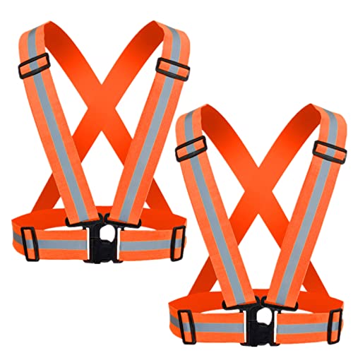 Reflective Strap Safety Vest Gear - 2-10 Pack Adjustable High Visible Reflective Running Gear for Women Men Night - color: Orange x2