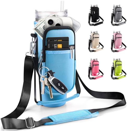 Water Bottle Carrier Bag for Stanley Cup 40 oz with Phone & Storage Pockets - color: Blue