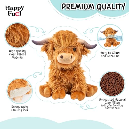 Highland Cow Microwavable Stuffed Animal – 1.5 lb Unscented Heating Pad Plush, Soft Cozy Cute Cow Toy for Relaxation and Comfort, Gift for Women, Girls, Adults & Kids by Happy Fuel - color: Brown Highland Cow (Sitting Down)