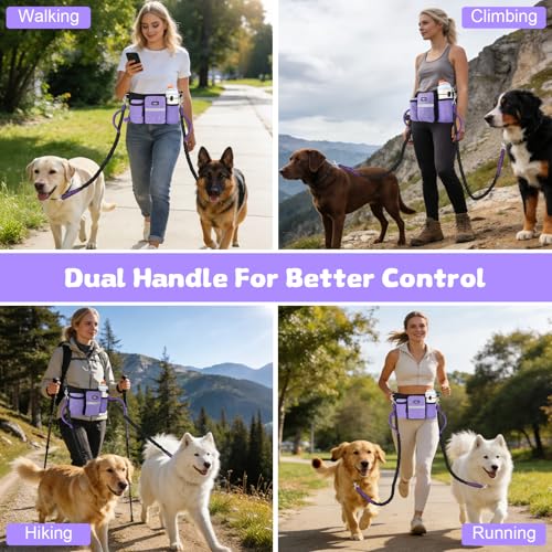 ETACCU Heavy Duty Hands Free Dog Leash with Zipper Pouch for Two Dogs, Waist Belt for Large Medium Dogs for Running, Walking, Jogging and Hiking, Dual Padded Handles and Durable Bungee (2 Dog Purple) - color: 2 Dog Purple