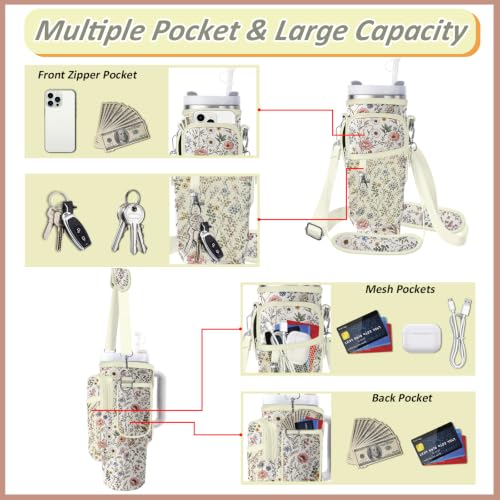Water Bottle Carrier Bag for Stanley 40/30oz Cup Tumbler with Phone Pocket,Insulated Crossbody Water Bottle Holder with Adjustable Strap,Water Bottle Sling Pouch for Hiking Walking Camping Accessories - color: Boho Mandala Moon