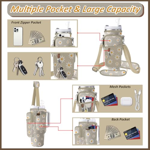 Water Bottle Carrier Bag for Stanley 40/30oz Cup Tumbler with Phone Pocket,Insulated Crossbody Water Bottle Holder with Adjustable Strap,Water Bottle Sling Pouch for Hiking Walking Camping Accessories - color: Khaki Daisy