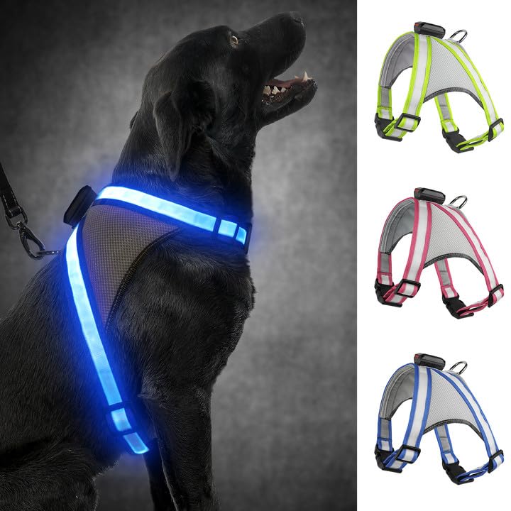 Visinite LED Dog Harness, USB Rechargeable Light Up Dog Vest, 2 Illuminate Modes Glow in The Dark Dog Harness, Adjustable Lighted Pet Harness Light for Night Walking Safety(Blue, L) - color: Blue, size: Large