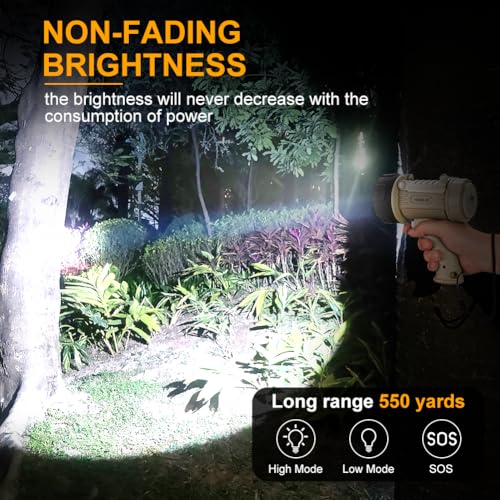 YIERBLUE Rechargeable Spotlight Flashlight with High Lumen LED, IP67 Waterproof Long Running Spot Light searchlight, Impact Resistant Handheld Spotlight with Foldable Stand and Red Lens - color: Pearl