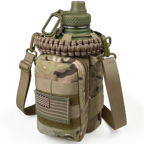 DEFUNX Half Gallon Water Bottle with Sleeve - 64 Oz Insulated Water Jug with Handle - Green Stainless Steel Sports Water Bottle for Gym Workout Hiking Tactical Bottle Holder with Pouch Camo - color: Green Bottle with CP Camo Sleeve, style: 64 Oz Water Bot