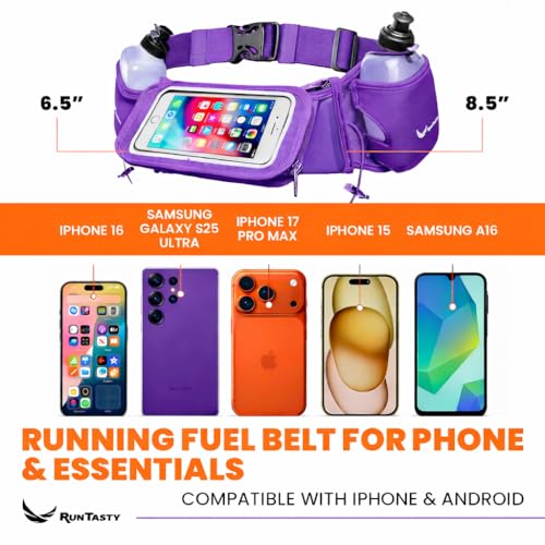 No.1 Hydration Belt by Runtasty - Premium Running Fuel Belt w/2 BPA-Free 10 oz Water Bottles, Tilt-Up Pocket w/Touchscreen-Ready Cover - Fits All iPhones, Runners Ebook & No-Bounce Design - color: Elite Purple