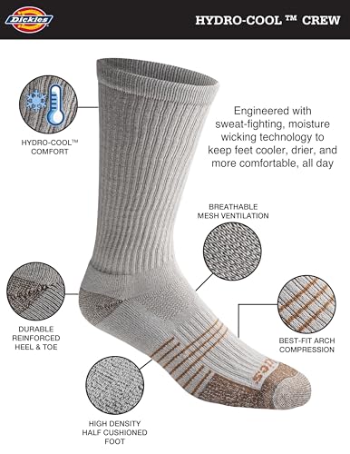 Dickies Men's HYDRO-COOL Moisture Control Crew Socks (6 Pairs) - color: Grey (6 Pairs)