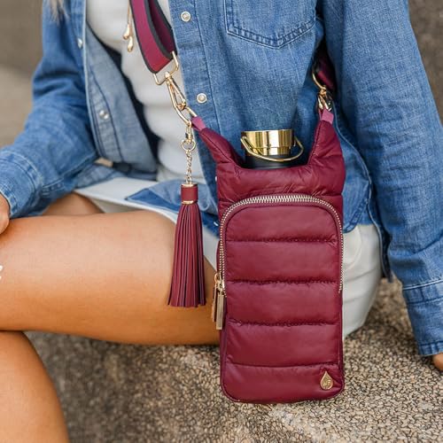 WanderFull Original HydroBag Crossbody Water Bottle Holder with Phone Pocket, Fits Water Bottles up to 32 oz - color: Cherry Matte - Striped Strap