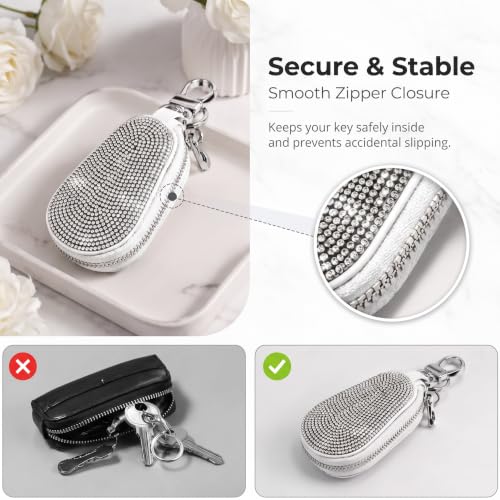 Bling Premium Leather Car Key Chain Case, Zipper Remote Key Wallet Bag with Coin Pocket, Multi-Functional Key Fob Holder Purse for Auto Keys Coins Cards (White) - color: White
