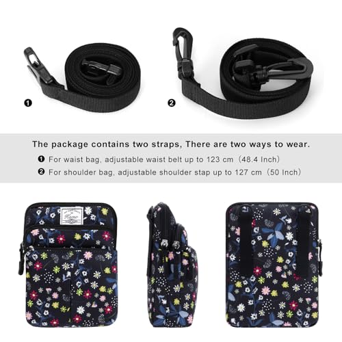 KAMO Multifunction Phone Waist Bag - One Shoulder Diagonal Cross Smart Case - Triple Zip Hipster Crossbody Purse for Women & Men - Outdoor - color: Black-Mixed flowers