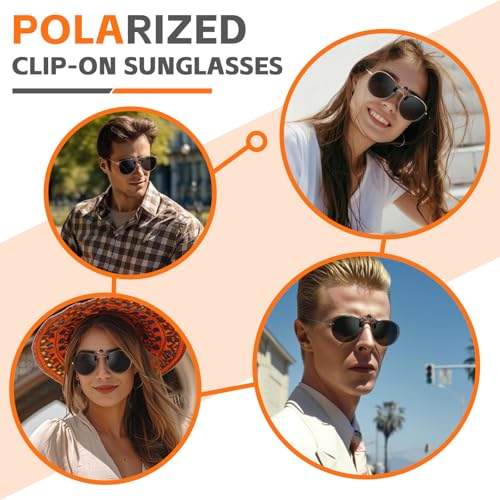 JO Polarized Clip-On Sunglasses UV400 Anti-Glare Lenses with Metal Frame Round - color: Black, size: 52 mm
