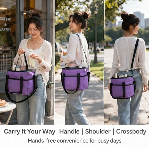 Drink Carrier Bag 4 Compartment Family Size Insulated Water Bottle Holder & Tumbler Tote with Adjustable Strap Nylon Organizer Caddy with Front Pocket for Picnic No-Spill for Car (Purple)