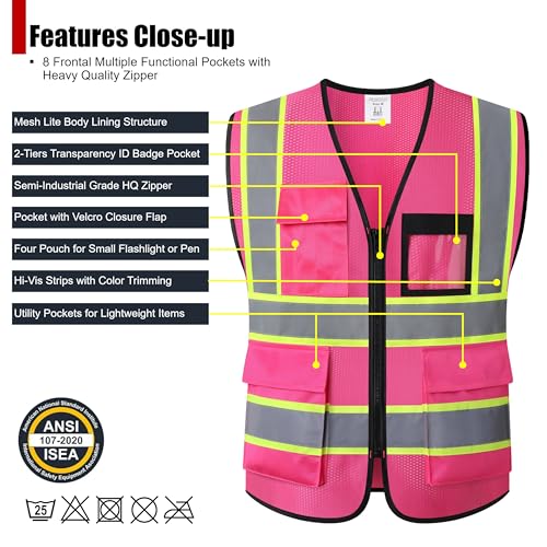Reflective Safety Vest for Men Women Hi Vis Vest with 8 Pockets High Visibility Mesh Reflective Vest (Pink-07,Large) - color: Pink, size: Large
