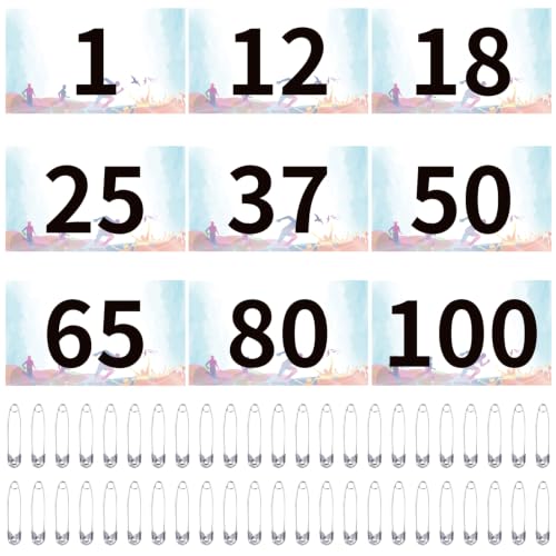 JEELAD Race Bibs 4" x 7" Running Bids Racing Numbers with Safety Pins Tyvek Tearproof Waterproof Number Cards 1-200 for Marathon Runners Sports Races Competition Events - color: Colorful [4"x7"] 001-100