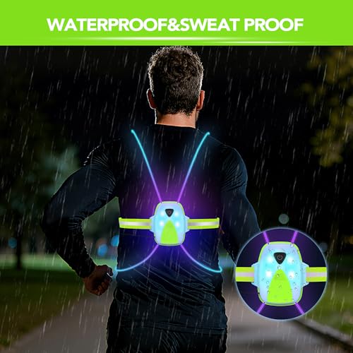 LED Reflective Running Vest Lights for Runners, Running Lights with Front Light, Safety USB Rechargeable Reflective Night Lights For Men/Women Running Walking Cycling, Three Light Modes with 7 Colors