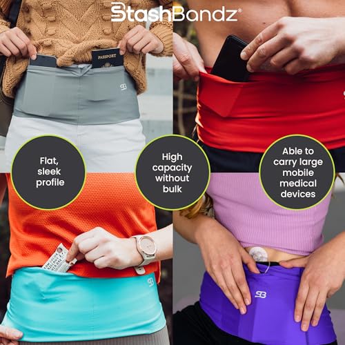 StashBandz Running Belt, Money Belt, 4-Pocket Phone Holder with Zipper - color: Black, size: Medium