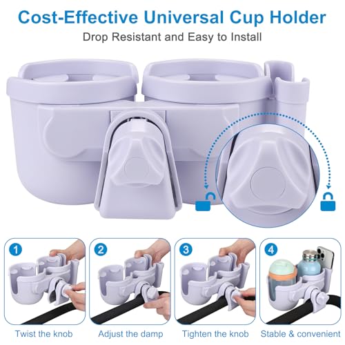 Accmor Stroller Cup Holder with Phone Holder, Bike Cup Holder, Walker Scooter Wheelchair Cup Holder Attachment, Universal Cup Holder for Uppababy Graco Strollers - color: Double Holder-All Orchid Purple