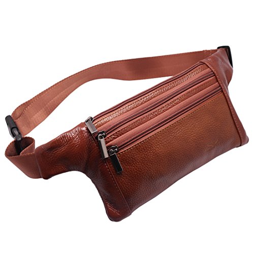 Triple Pocket fanny pack Genuine Leather waist bag slim shoulder bag Hip Purse Adjustable Belt strap Casual Pouch Outdoor Day bag (Tan) - color: Tan