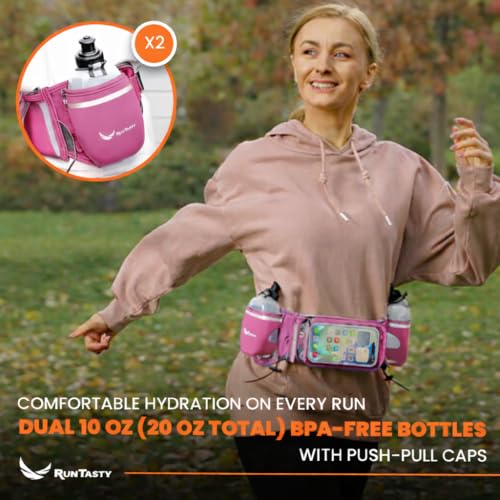 No.1 Hydration Belt by Runtasty - Premium Running Fuel Belt w/2 BPA-Free 10 oz Water Bottles, Tilt-Up Pocket w/Touchscreen-Ready Cover - Fits All iPhones, Runners Ebook & No-Bounce Design - color: Hot Pink