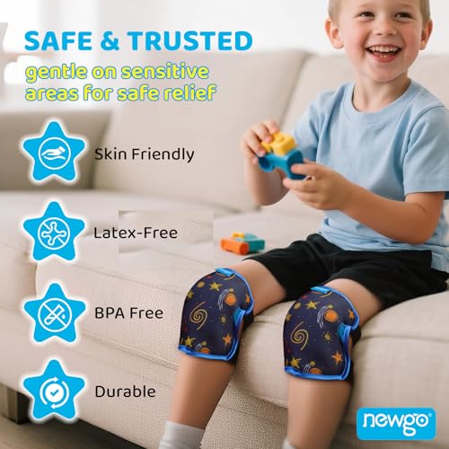 NEWGO Ice Pack for Kids Injuries Pain Relief, 2 Pack Soft Children Knee Gel Cold Pack Wrap, Reusable Child Large Ice Packs with Strap for Sports Injuries, Ankle Sprain, Elbow Knee Pain Relief