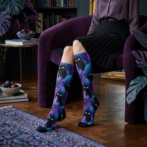 Cute Compression Socks Knee High Support Stockings Women Men - color: Black Cats Purple