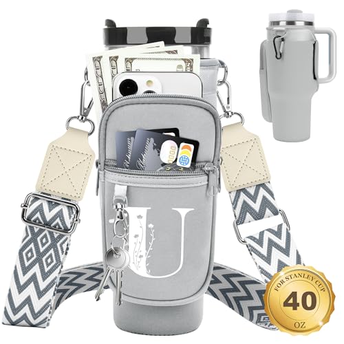 Initial Water Bottle Holder with Strap for Stanley Cup 40 oz Tumbler - color: Gray, style: U