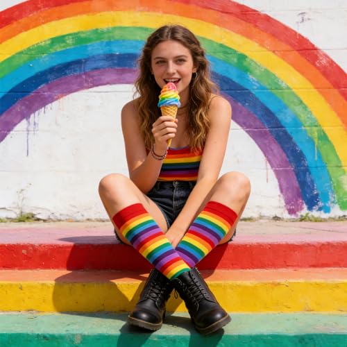 Gvhntk Knee High Striped Socks Long Thin Tube Sports Compression Socks Casual Stripe Tube Stockings for Running - color: Rainbow