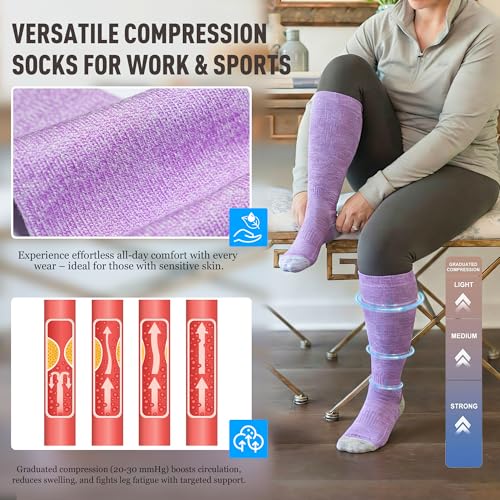 LEVSOX Bamboo Viscose Wide Calf Compression Socks 20-30 mmHg with Cushioned - color: Purple Grey, size: Medium