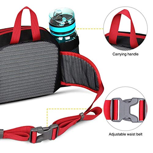 WATERFLY Fanny Pack Waist Bag: Fannie Pack 2 Water Bottle Holders Lumbar Belt Hiking Walking Running Jogging Camping Large Woman Man (Bottle Not Included) - color: Black-red