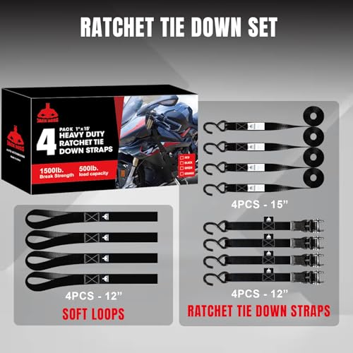 Jack Boss Ratchet Tie Down Straps Set,1500 lbs Break Strength, 1" x 15' Heavy Duty Ratchet Straps with 4X Soft Loops Padded Handles Coated S Hook, Fits for Moving Appliances Motorcycle ATV Truck,Black - color: Black-4pcs