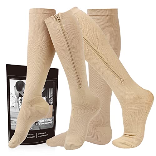 cerpite Zipper Compression Socks, 2 Pairs 15-20 mmHg Closed Toe Compression Stockings for Men Women - color: Beige, size: Small-Medium