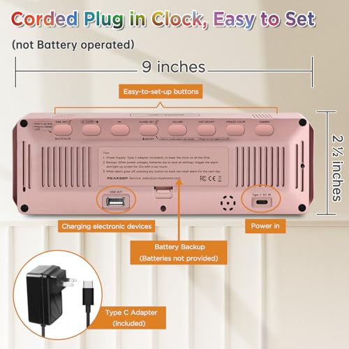 Peakeep Large Display Digital Alarm Clock for Bedroom with Date Day of Week - color: Rose Gold With Colorful (Plug-in Ac Powered)