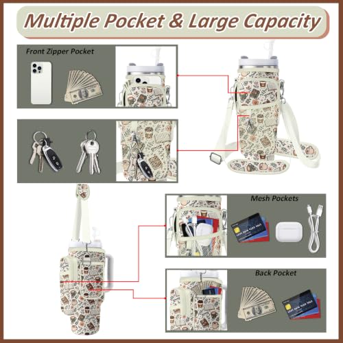 Water Bottle Carrier Bag for Stanley 40/30oz Cup Tumbler with Phone Pocket,Insulated Crossbody Water Bottle Holder with Adjustable Strap,Water Bottle Sling Pouch for Hiking Walking Camping Accessories - color: Cafe Books Flowers