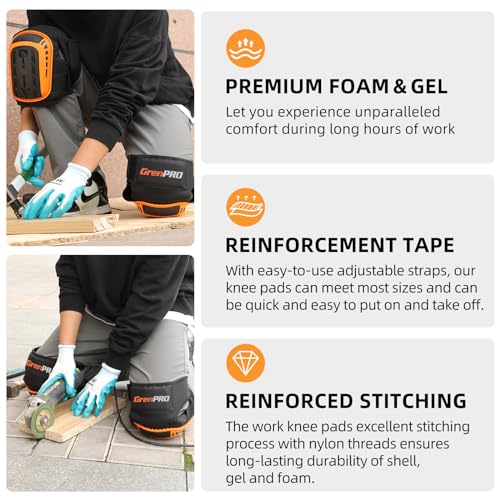 GRENPRO Heavy Duty Knee Pads for Men, Gel Foam, Construction Work - color: Orange