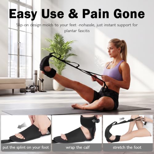 Calf Stretching Strap for Plantar Fasciitis, Foot Stretcher Night Splint for Heel Spurs, Foot Drop, Achilles Tendonitis & Hamstring, Yoga Foot & Leg Stretch Strap with Black Massage Ball - color: Black with Black Ball
