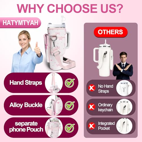 Water Bottle Carrier Bag for Stanley Cup 40oz/30oz with Phone Pocket, Neoprene Water Bottle Holder with Adjustable Shoulder & Handle Strap, Stanley Cup Accessories for Walking Travel Gym - color: Pink Bow