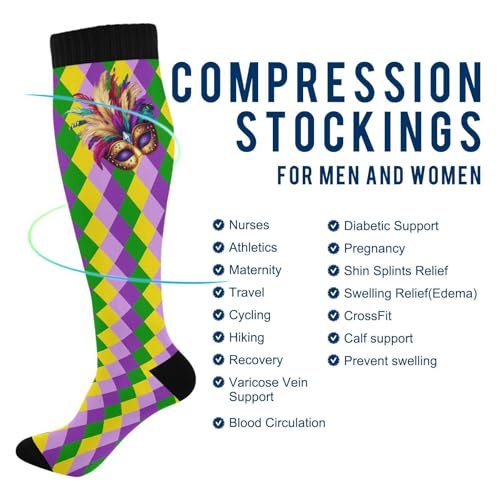 Wusikd Cats Compression Socks for Women and Men Circulation Cute Long Socks for Athletic Running 1 - color: Mardi Gras Mask
