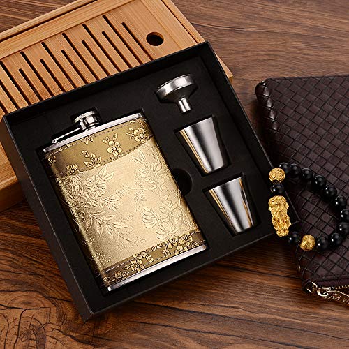 Golden pattern 8 Oz Flask Gift Hip Flask Stainless Steel(304/18-8 SS).Bonus 2 Shot Glass+1Funnel+1Giftbox.Flask Leak Proof Tested.Flask for Liquor/Alcohol.Flask for Men/Women
