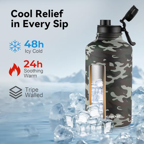 KXIAOCHEN Insulated Water Bottle with Strap, 48-Hour Cold, 2 Lids - color: Camouflage-B, size: 64 Ounces