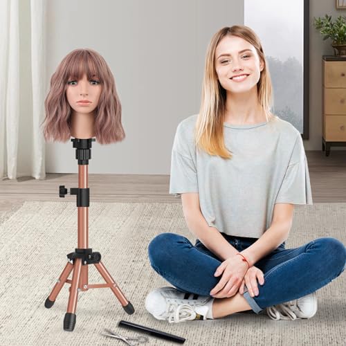 ZQIAN BEAUTY 25 Inch Wig Stand Tripod, Adjustable Mannequin Head Stand, Wig Head Stand for Training Heads And Canvas Block Head (Latte, Mannequin Head Not Included) - color: Latte, size: 25 Inch
