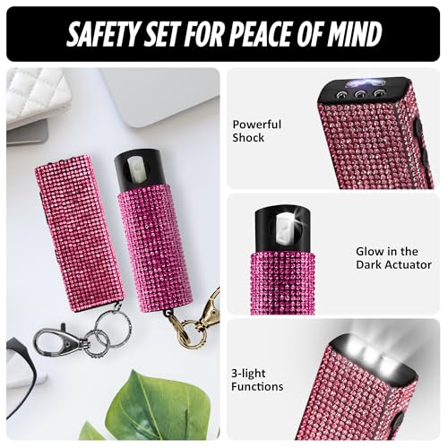 Guard Dog Security Bling It On Stun Gun and Pepper Spray for Self Defense, Fashionable Self-Defense Keychain Set for Women, Glow-in-the-Dark Actuator, 16-Ft Range, USB Rechargeable - color: Pink