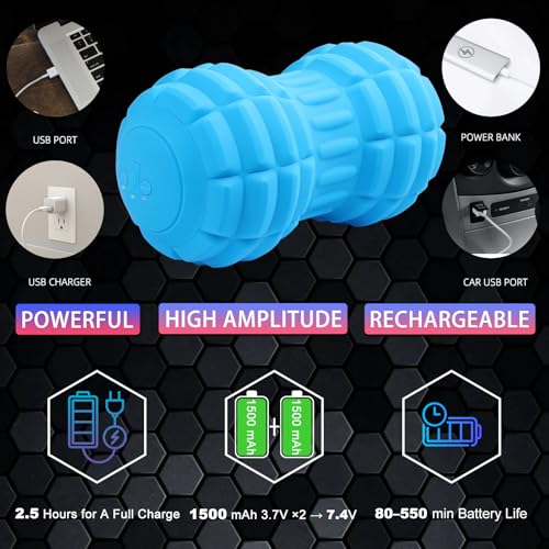 Vibrating Peanut Massage Ball – Back, Neck, Hip, Calf, Leg & Foot Muscle Roller, Trigger Point Massage Ball for Deep Tissue Myofascial Release, Silicone Shell, 4-Speed (Blue) - color: Blue