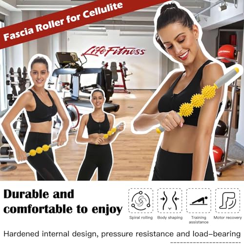 Fascia Muscle Roller, Cellulite Massager Fascia Roller for Cellulite and Sore Muscles, Neck, Leg, Back, Pressure Trigger Point Body Roller Deep Tissue Massage Stick Tools - 3 Massage Balls - color: Golden Yellow