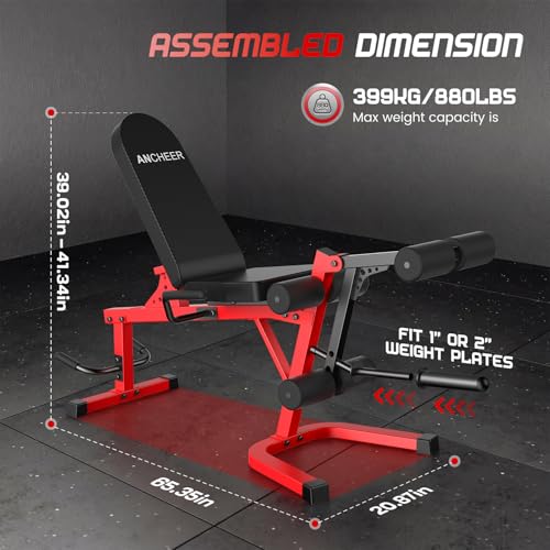 ANCHEER Leg Extension and Curl Machine, Adjustable Leg Workout Machine for Lower Body Training, 880LB Capacity Plate Loaded Leg Developer for Quads, Hamstrings & Glutes, Home Gym Equipment - color: Red