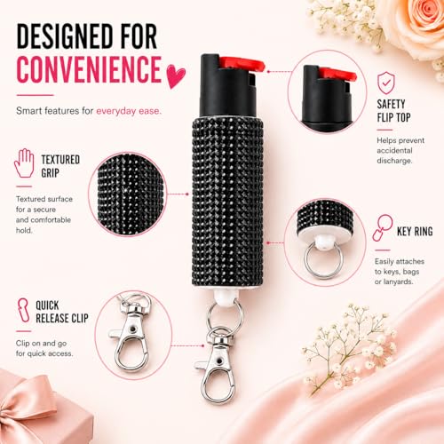 Pepper Spray for Women, Mini Bling Keychain, 12-Ft Range, Quick Release - color: Bling Black