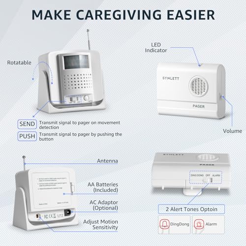 Wireless Bed Alarm with 2 Motion Sensors and Caregiver Pager - size: 2 Motion Sensors + 1 Pager