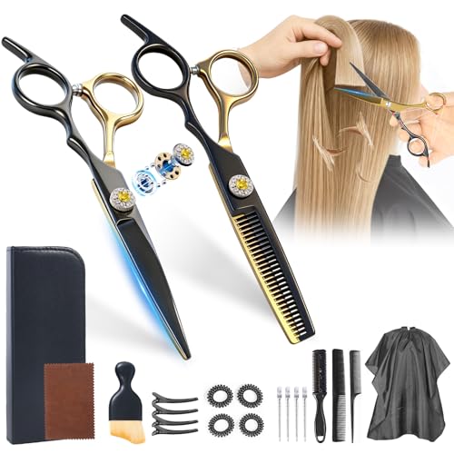 21Pcs 440C Hair Cutting Scissors Kit, Hair Scissors & Thinning Scissors Set - color: Black & Gold