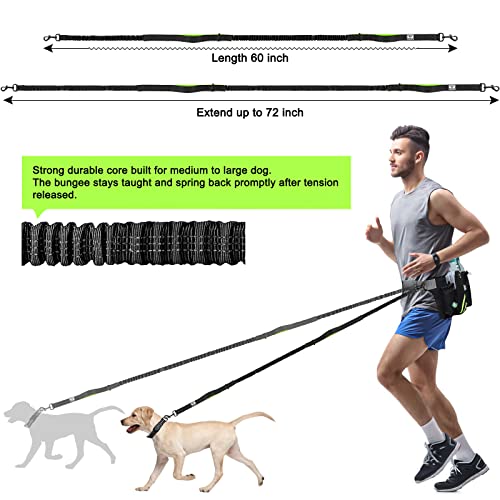 SHINE HAI Retractable Hands Free Dog Leash with Dual Bungees for 2 Dogs, Adjustable Waist Belt, Reflective Stitching Leash for Running Walking Hiking Jogging Biking Black - Green1 - color: Green/Black